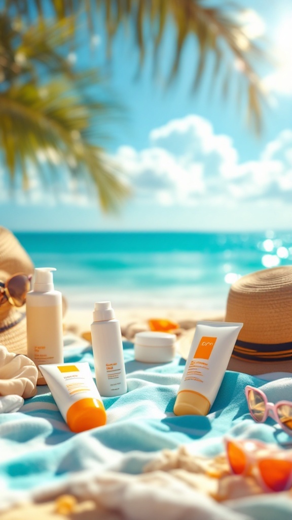 Sun protection products on a beach towel with sunglasses and a hat