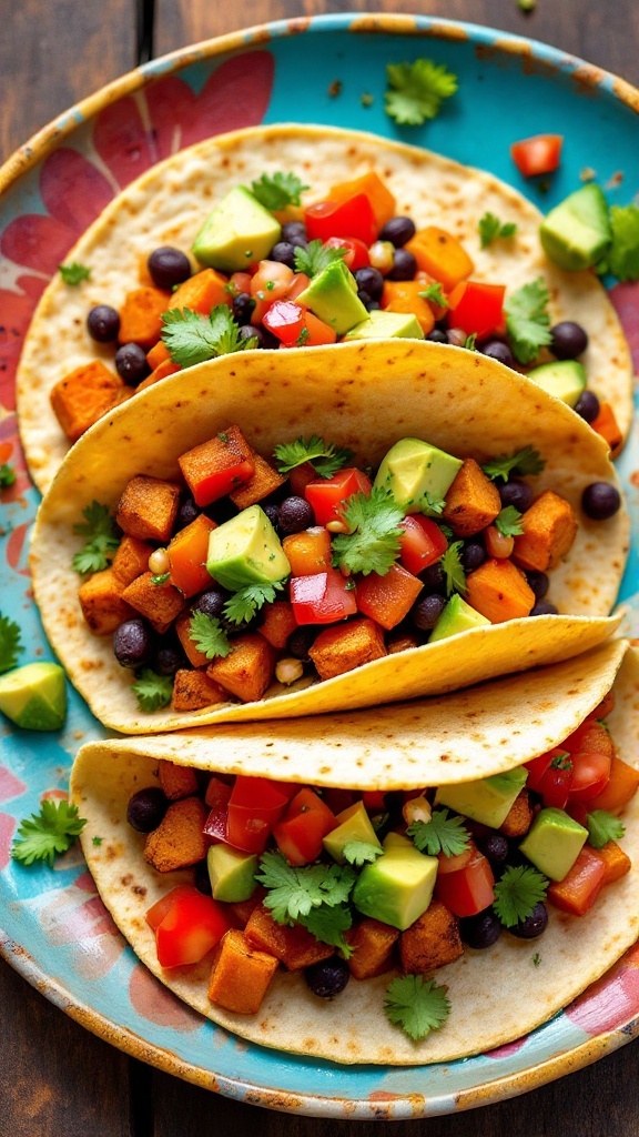 Three sweet potato and black bean tacos on a colorful plate, garnished with avocado and cilantro.