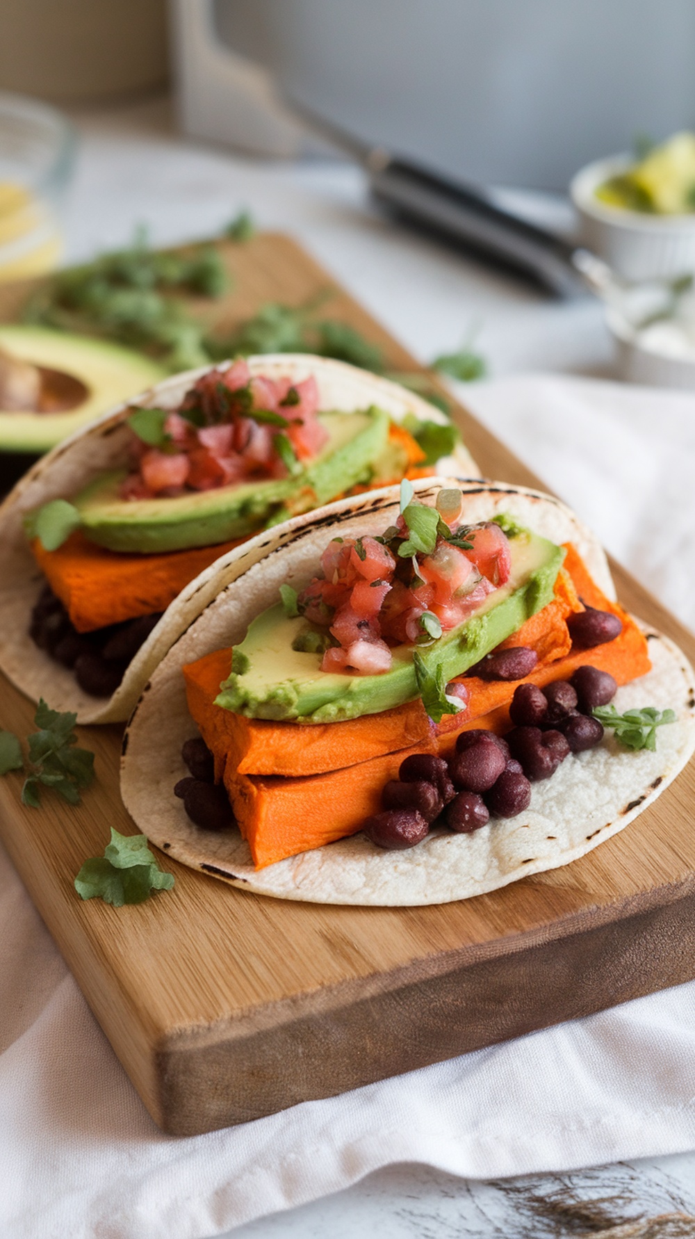 Sweet potato and black bean tacos with avocado and pico de gallo on a wooden board.