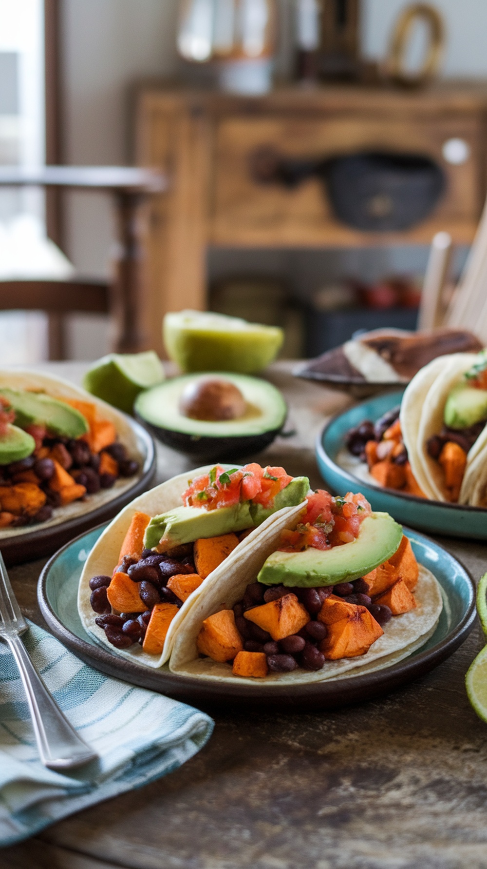 Delicious sweet potato and black bean tacos topped with avocado and salsa on a rustic table.