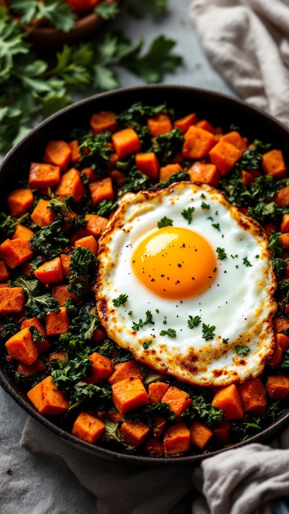 A vibrant sweet potato and kale hash with a fried egg on top, garnished with herbs.