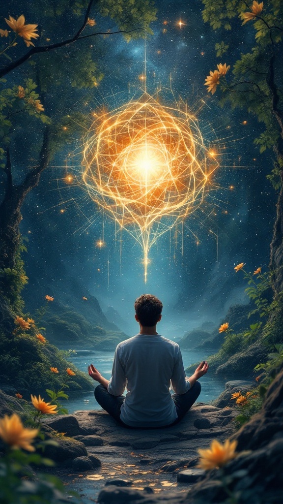 A serene landscape with a person meditating near a river, surrounded by flowers, and a radiant light above.