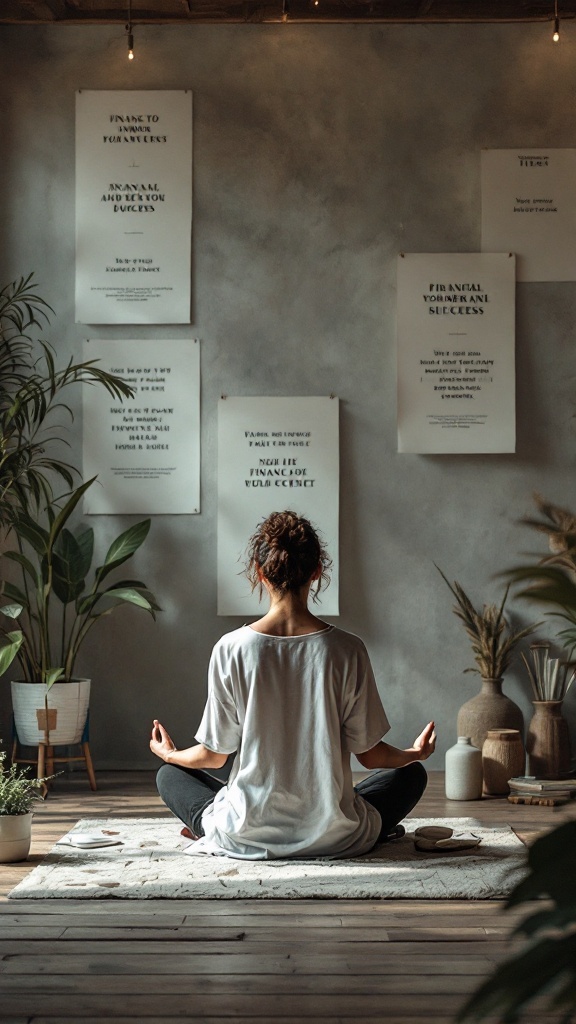 A person meditating in a serene environment, surrounded by plants and motivational posters about financial success.