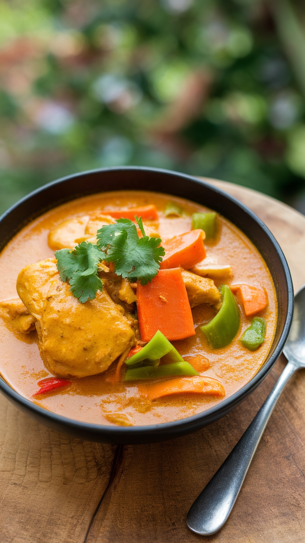 A bowl of Thai Coconut Curry Chicken with colorful vegetables and cilantro on top