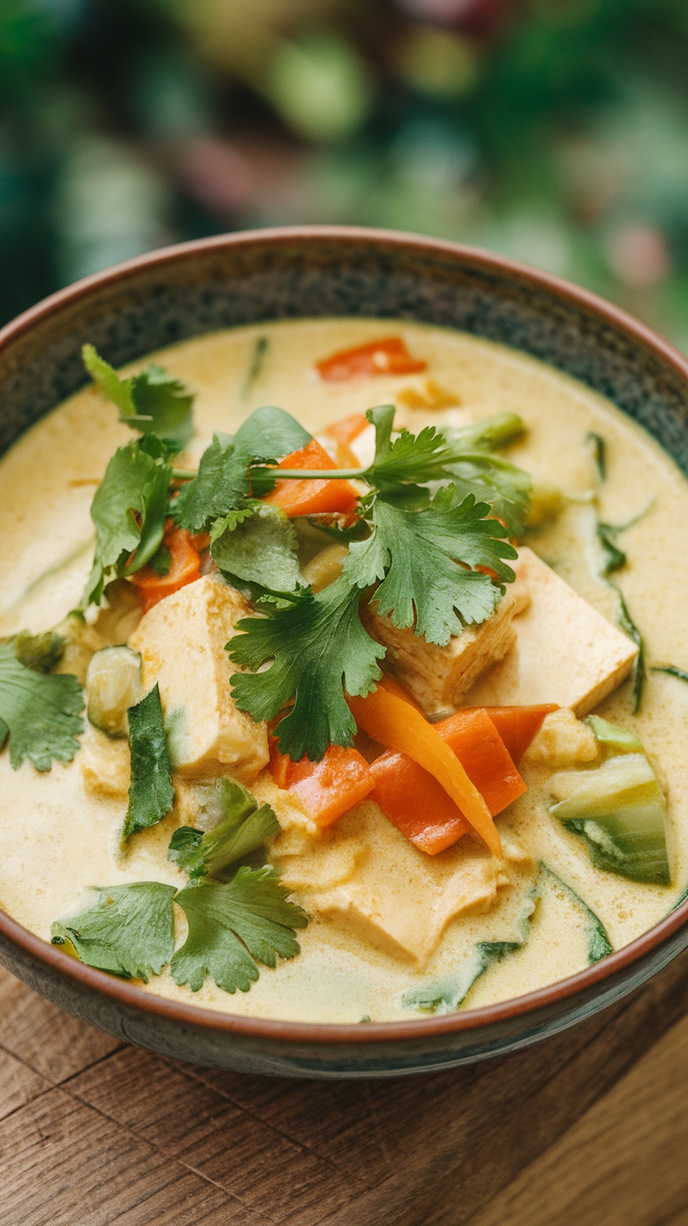A bowl of Thai Coconut Curry with Tofu, featuring vibrant vegetables and fresh cilantro on top.