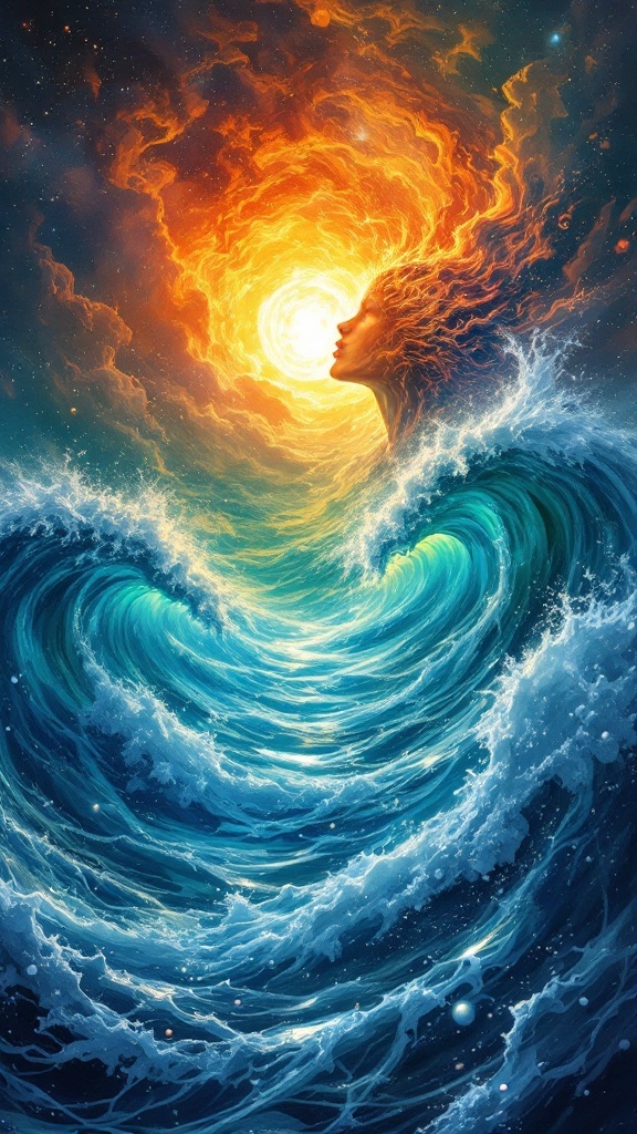 An artistic representation of a woman’s face merging with ocean waves and a bright sun, symbolizing emotions and the subconscious mind.
