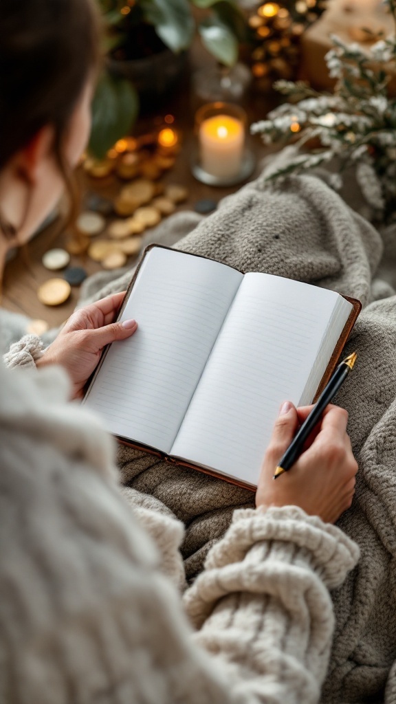 A cozy setup for writing in a gratitude journal with a smoothie.