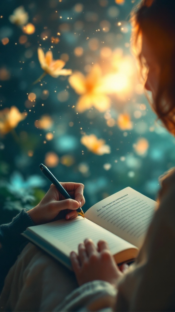 A person writing in a journal surrounded by glowing lights and flowers, symbolizing reflection and positive affirmations.