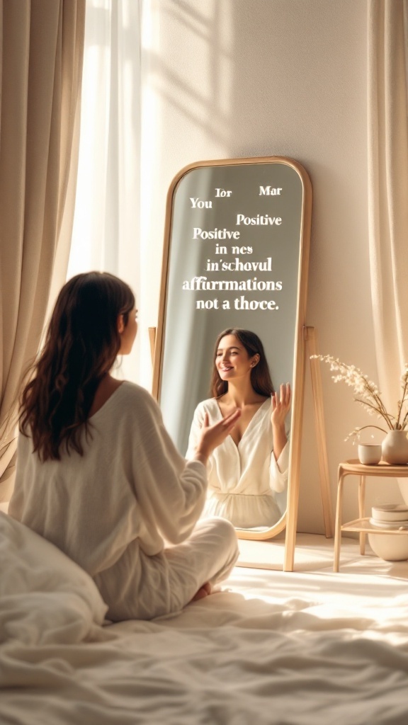 A woman sitting on a bed, looking into a mirror with positive affirmations reflected in it.