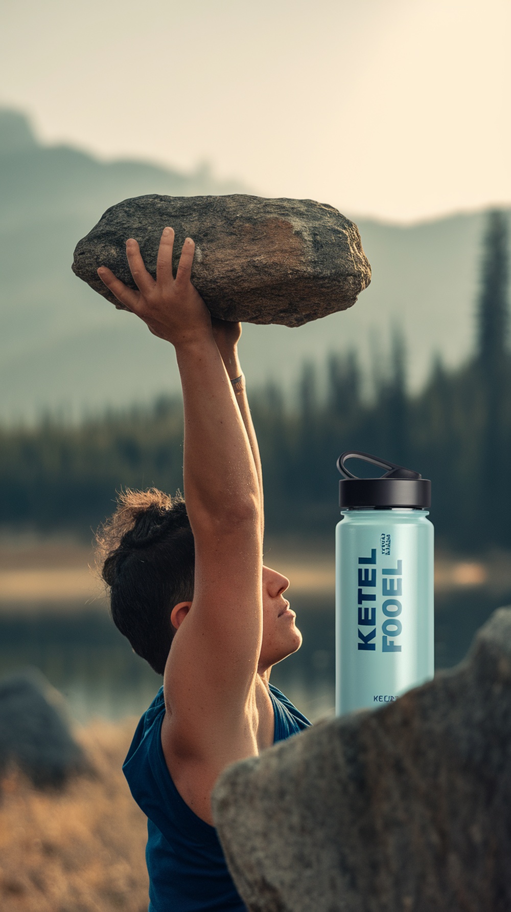 A person lifting a rock with a water bottle nearby, symbolizing exercise and hydration in a keto lifestyle.