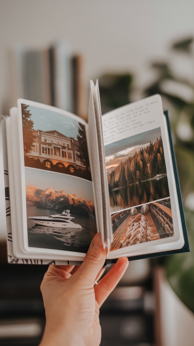 A hand holding an open journal with images of a house, a yacht, and nature.