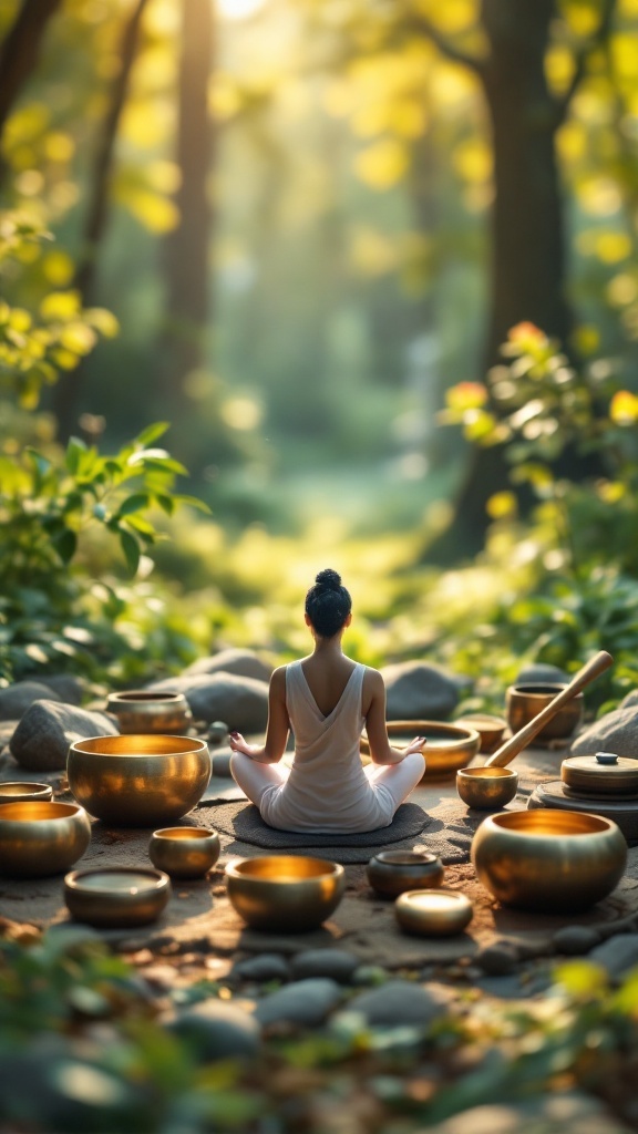 A person meditating with singing bowls in a serene forest setting.