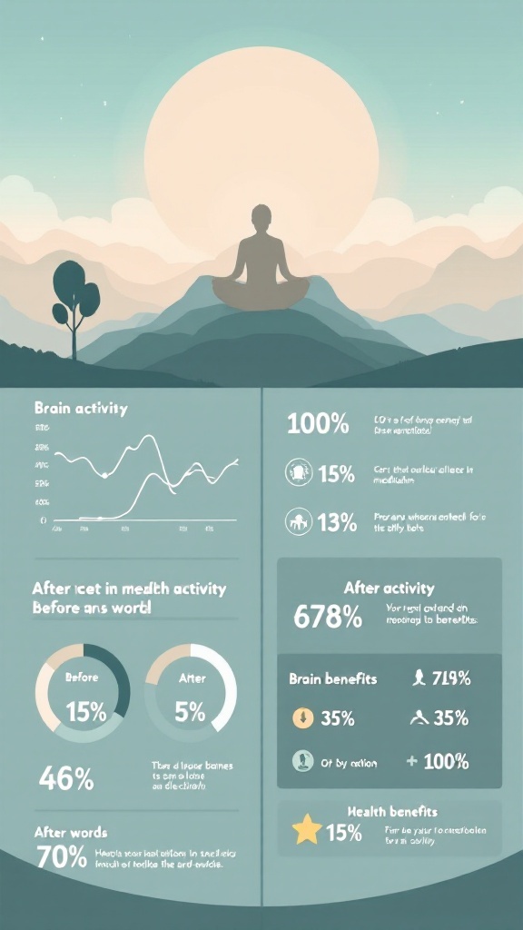 An illustration of a person meditating in a peaceful landscape with mountains and a large sun