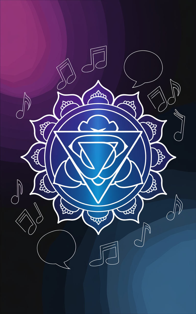 Illustration of the throat chakra with musical notes and speech bubbles.