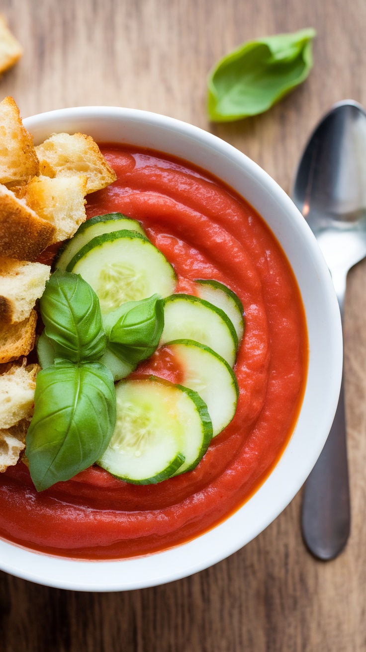 A bowl of tomato and cucumber gazpacho garnished with cucumbers and basil