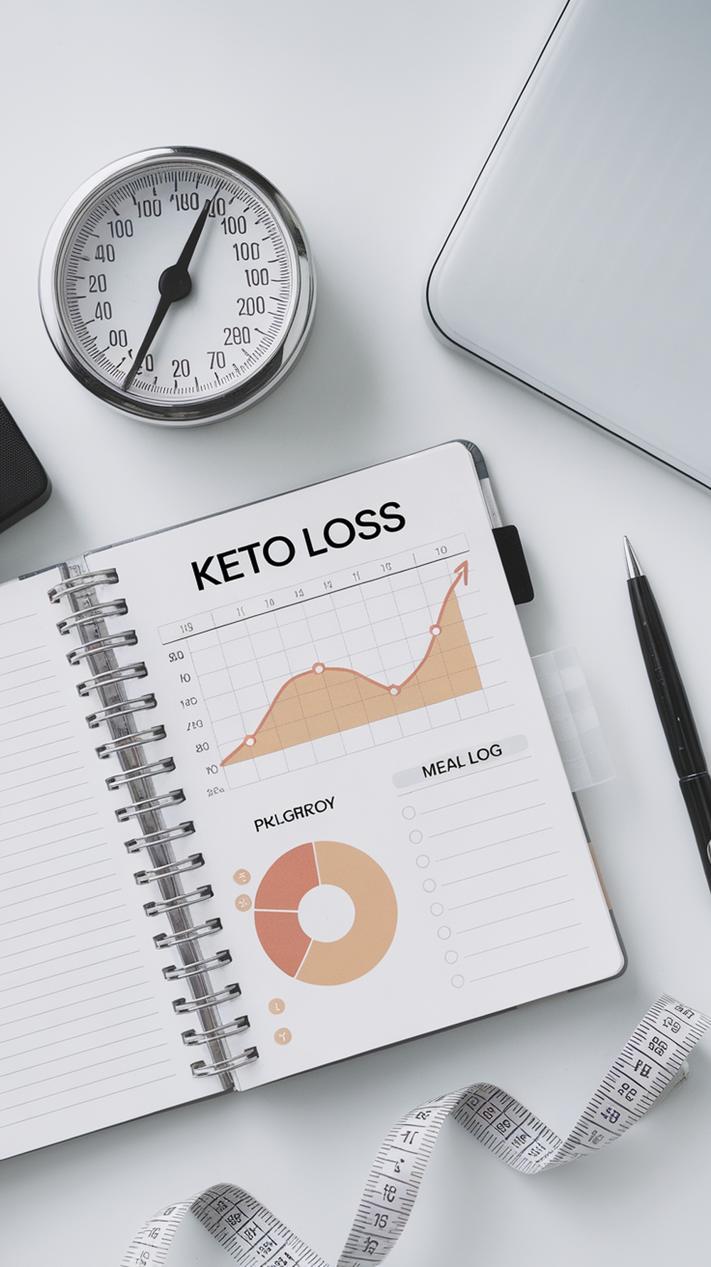 A planner showing keto weight loss progress with a scale and meal log.