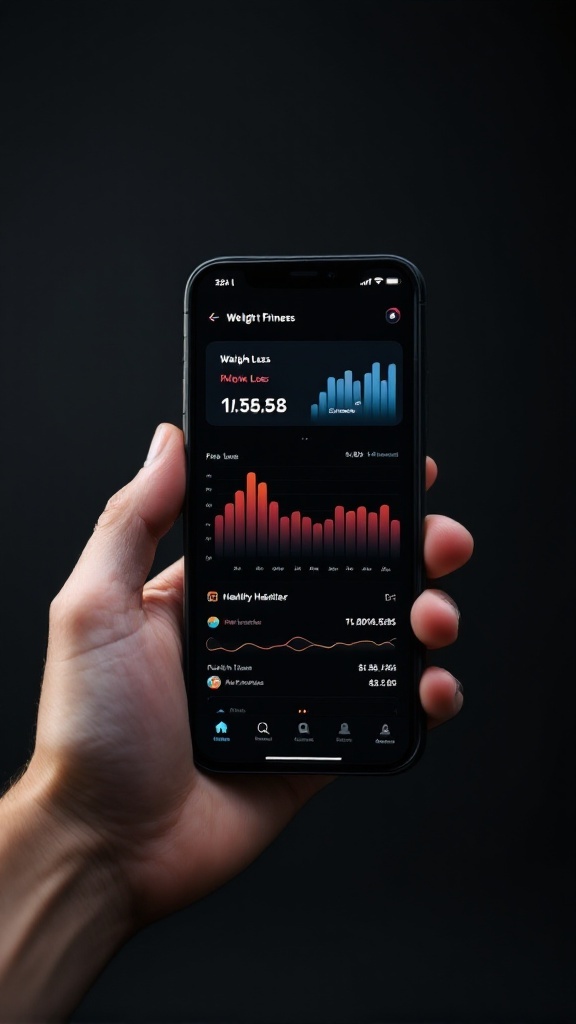 A hand holding a smartphone displaying a weight loss tracking app with graphs.