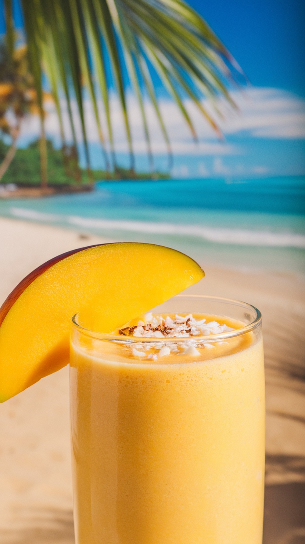 A refreshing mango coconut smoothie garnished with a slice of mango and shredded coconut, set against a tropical beach backdrop.