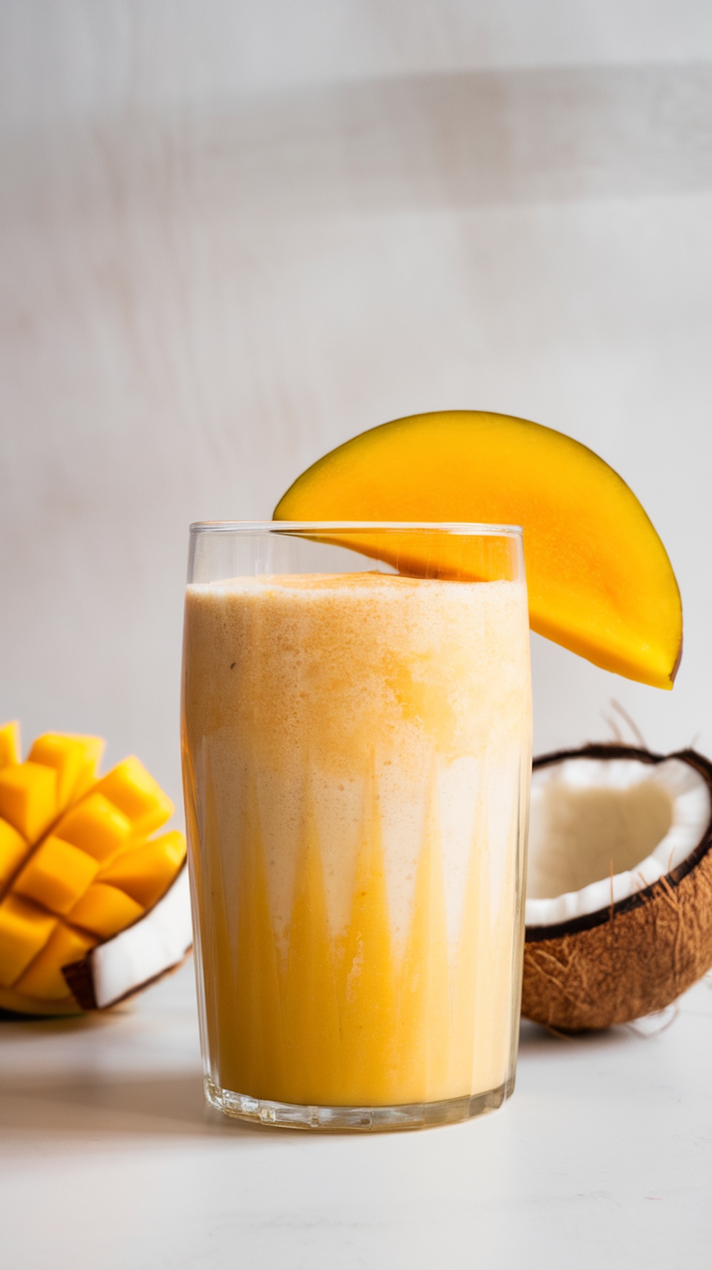 A refreshing mango coconut smoothie in a glass, garnished with a slice of mango.