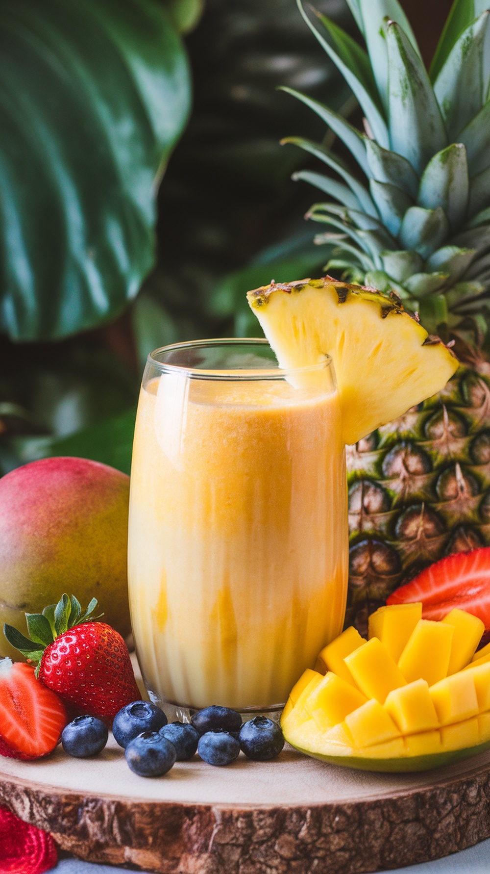 A refreshing Tropical Mango Pineapple Bliss smoothie surrounded by fresh fruits.