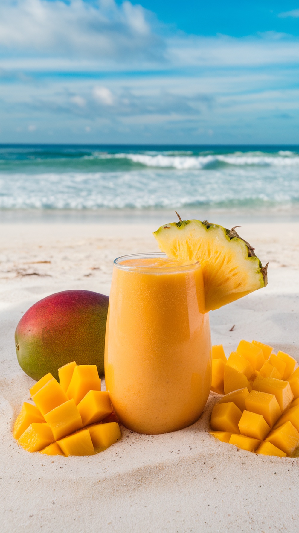 A refreshing mango pineapple smoothie on a beach with fresh fruit.