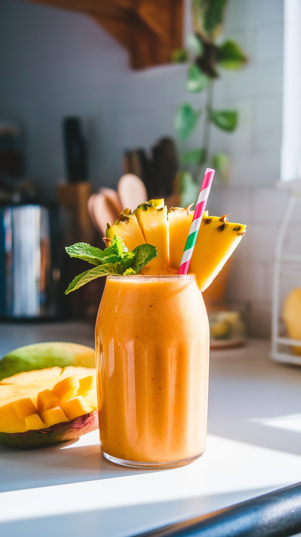 A vibrant mango pineapple smoothie garnished with pineapple slices and mint leaves.