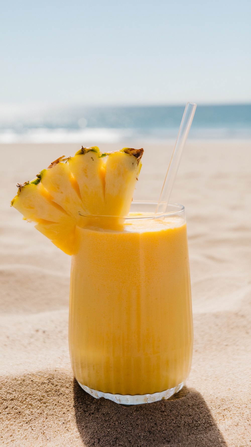 A refreshing mango pineapple smoothie on a beach with a slice of pineapple garnish.