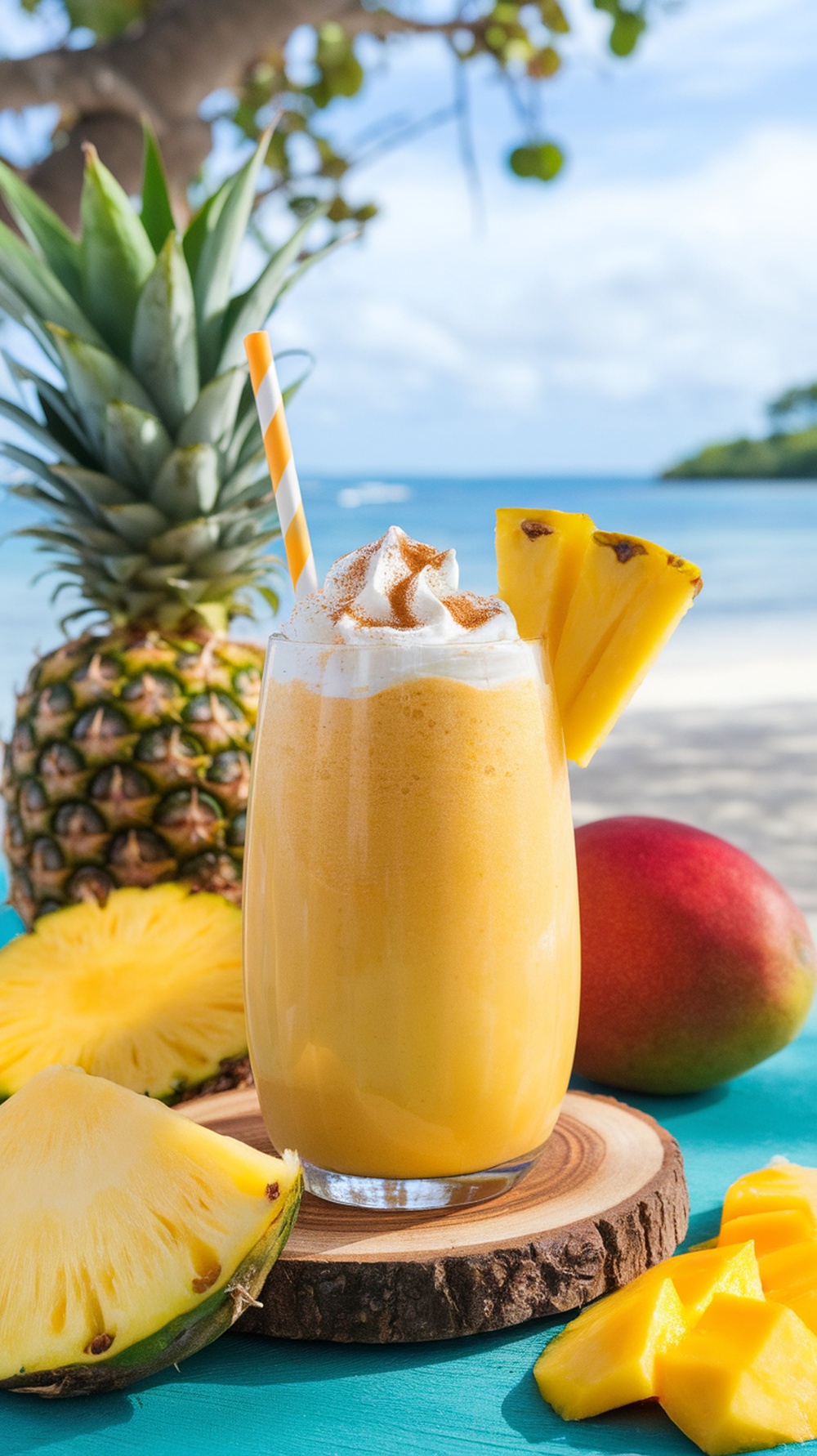 A refreshing Tropical Mango Pineapple Bliss smoothie with whipped cream and cinnamon, surrounded by fresh mango and pineapple.