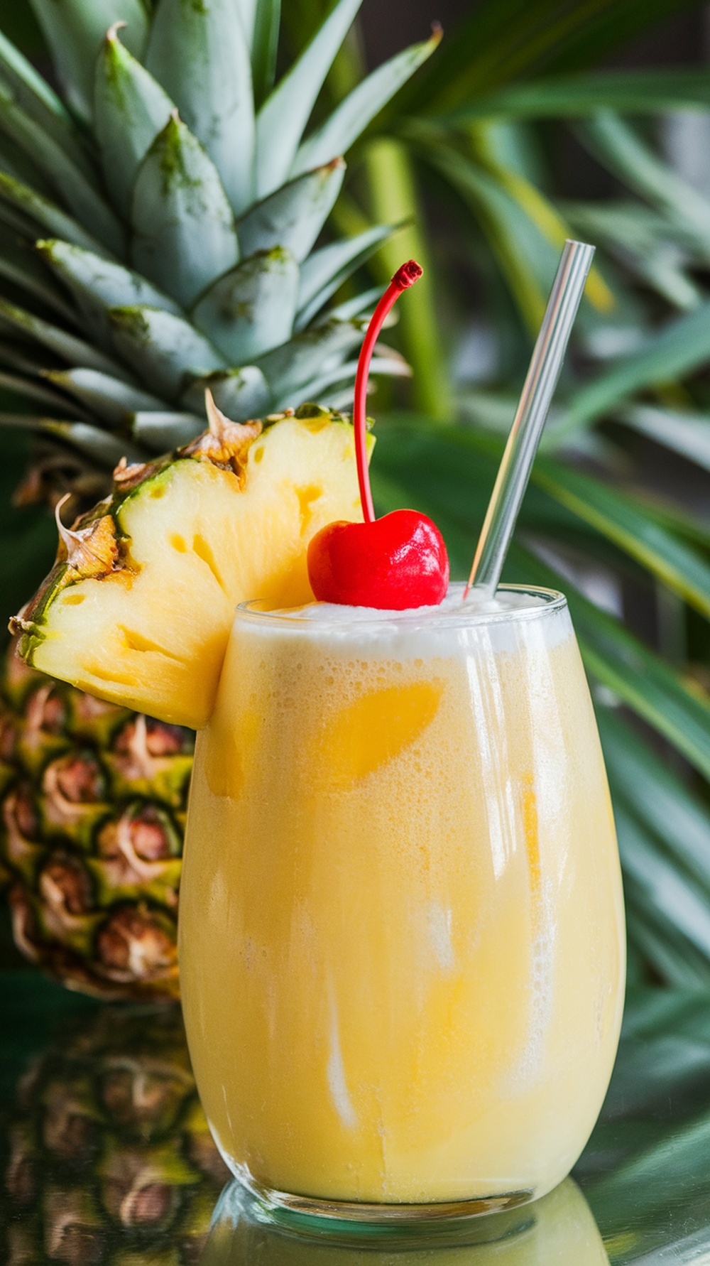 A refreshing tropical smoothie with pineapple and cherry garnish