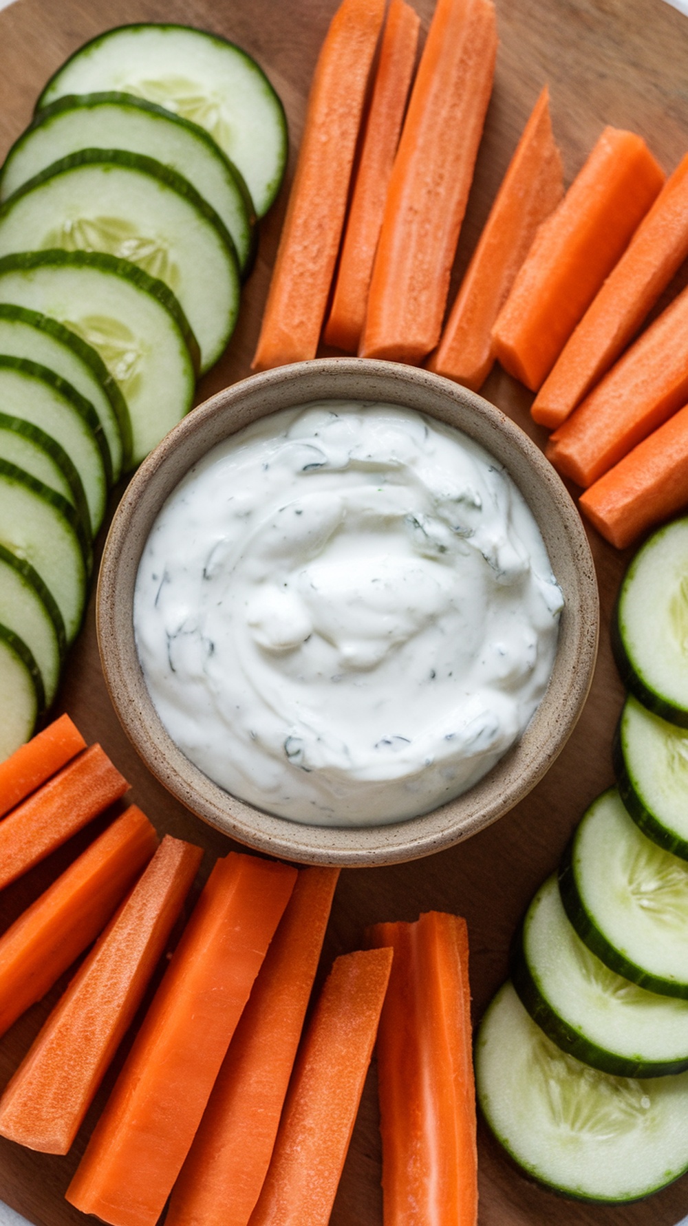 A bowl of tzatziki sauce surrounded by fresh cucumber slices and carrot sticks.