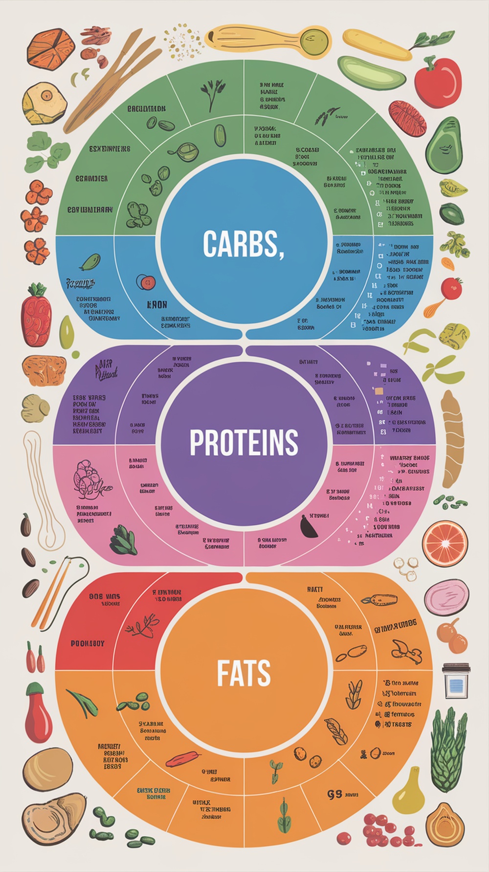A colorful chart showing the breakdown of carbohydrates, proteins, and fats with examples of foods in each category.
