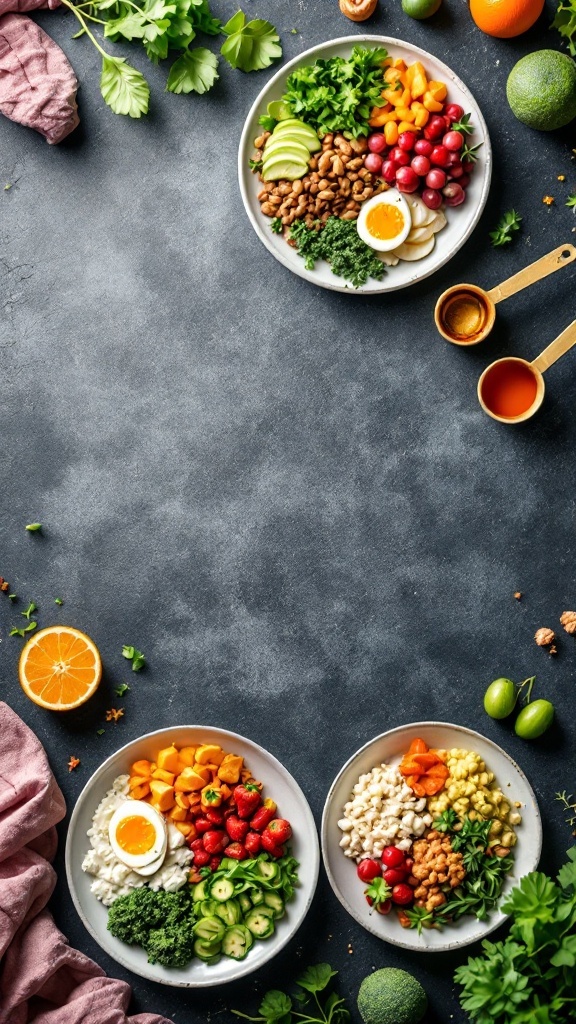 Three plates of colorful, healthy meals featuring various vegetables, fruits, and proteins, arranged beautifully.