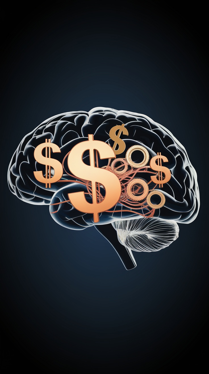 A graphic representation of a brain with dollar signs and gears, symbolizing the connection between subconscious thoughts and wealth.