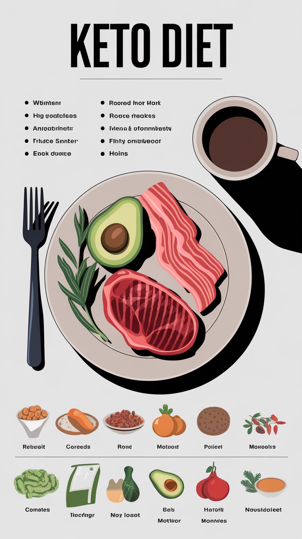 A plate featuring keto-friendly foods like avocado, bacon, and steak, with a cup of coffee beside it.