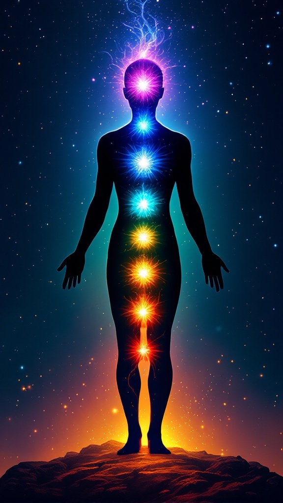 Illustration of a person with colored chakras aligned along the body