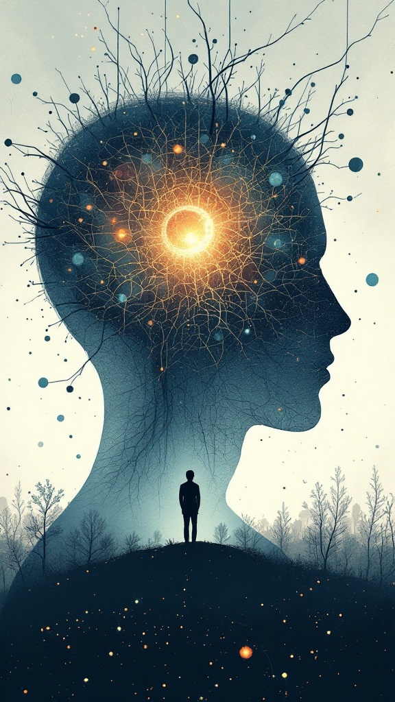Artistic representation of a human head filled with branches and glowing elements, symbolizing the subconscious mind.