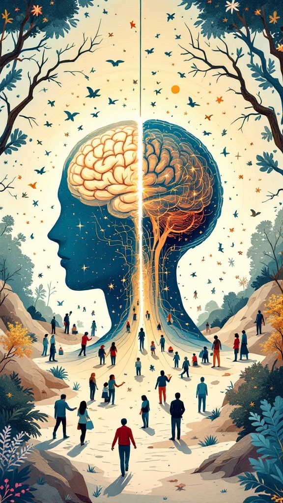 An artistic representation of a brain silhouette with a cosmic background and people around it, symbolizing the subconscious mind.