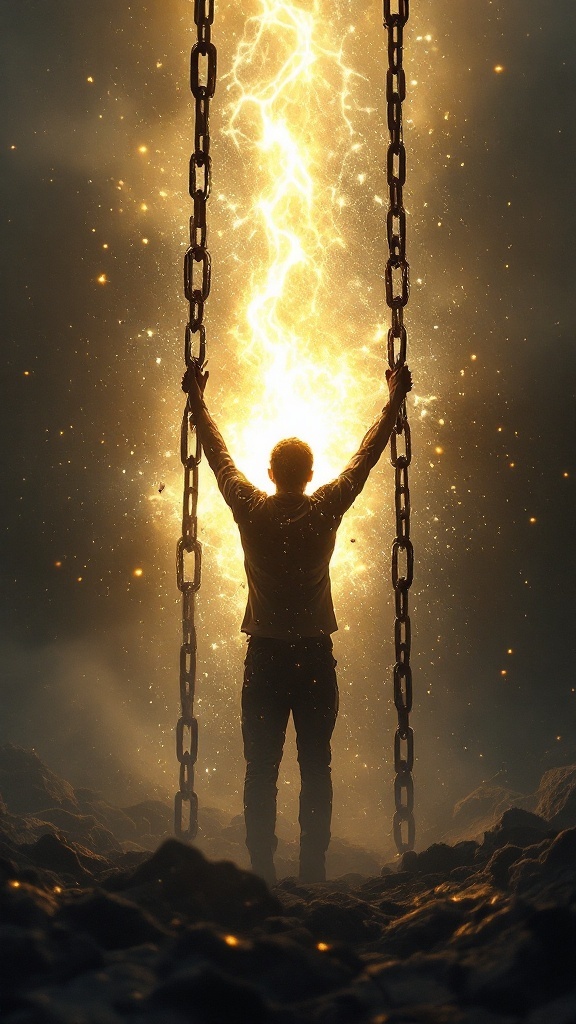 A person breaking free from chains with a glowing, powerful background, symbolizing transformation and potential.