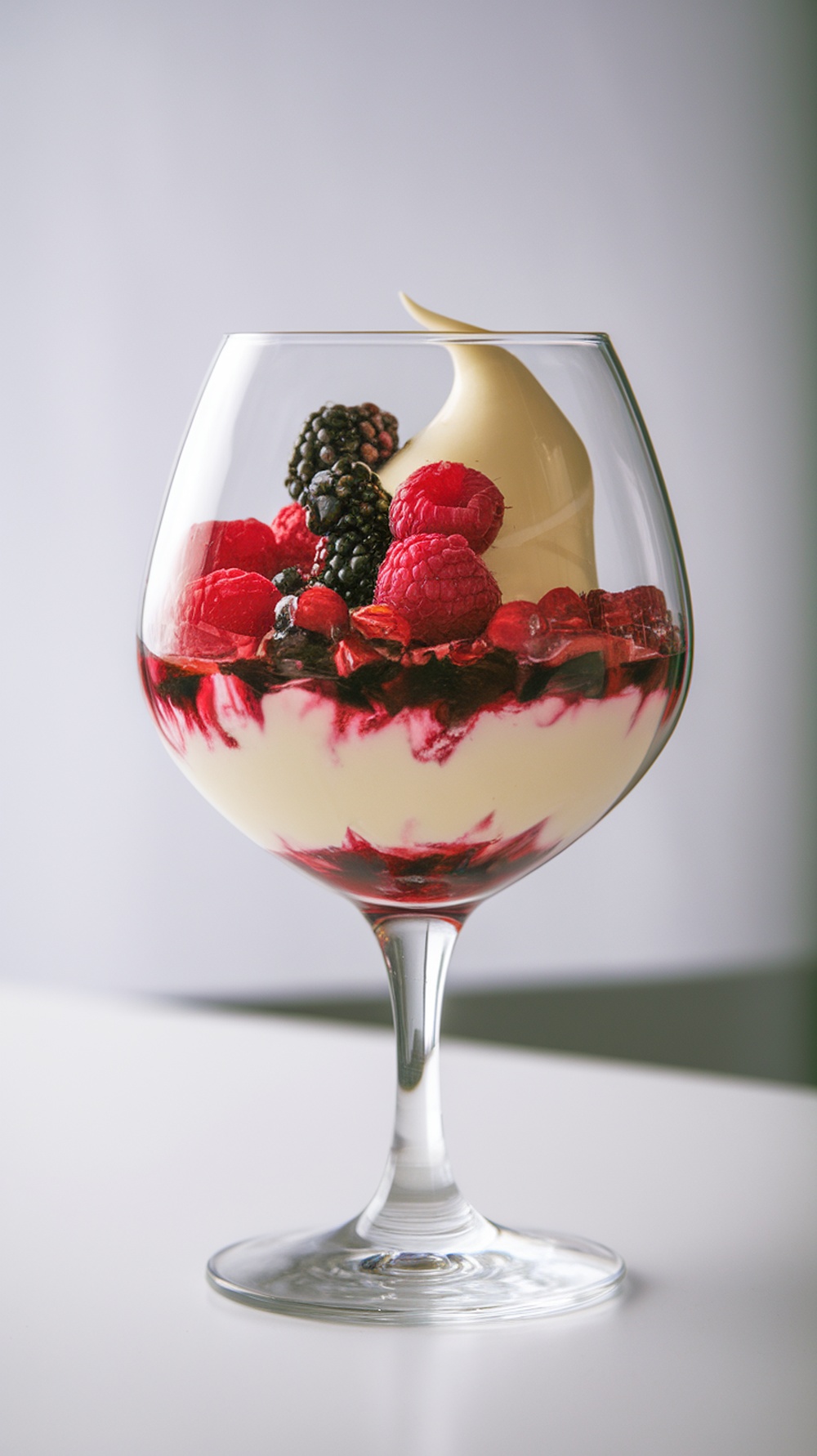 A glass of Vanilla Bean Panna Cotta topped with fresh berries.