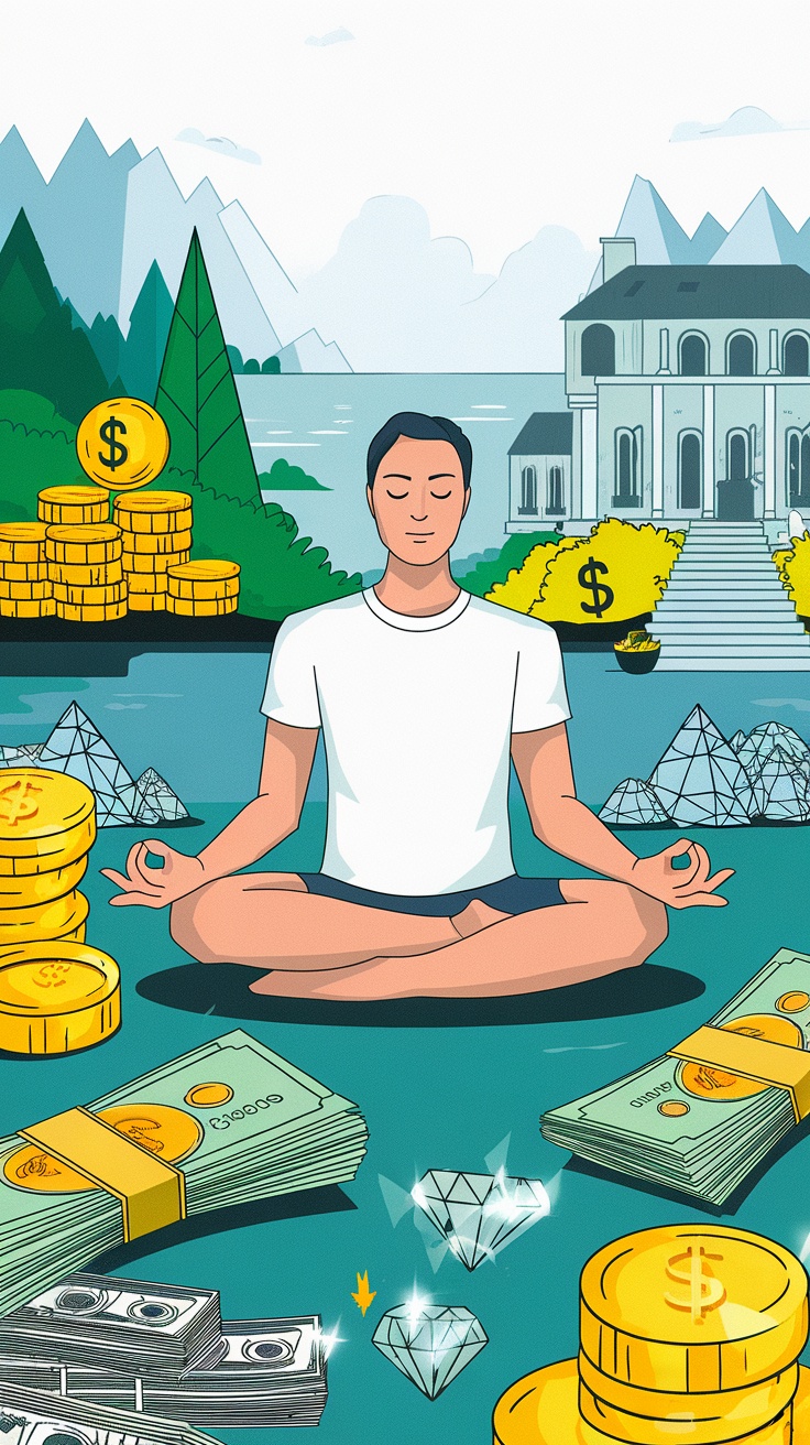 A person meditating surrounded by symbols of wealth like coins, cash, and diamonds, illustrating the concept of visualization for financial success.
