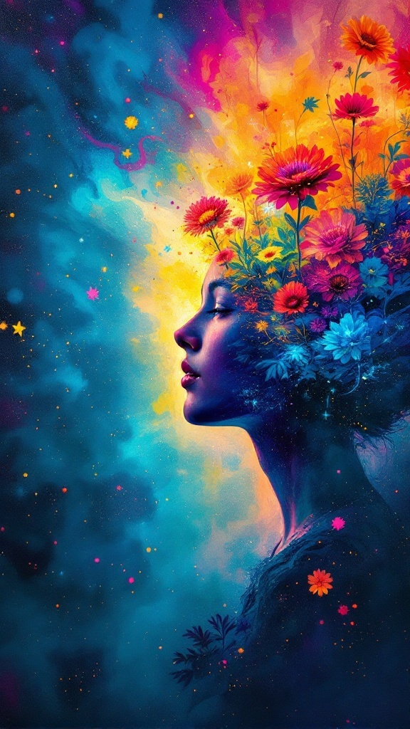 A vibrant illustration of a woman's profile surrounded by colorful flowers and stars, representing creativity and the power of visualization.