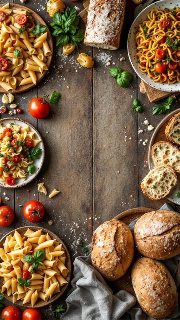 A spread of pasta and bread featuring whole grains, with fresh tomatoes and herbs.