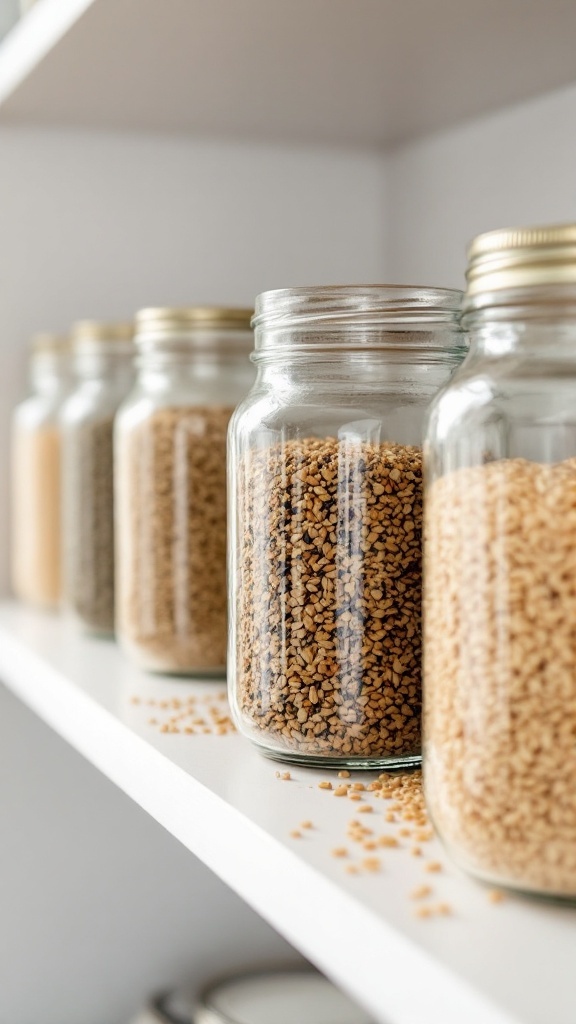 Glass jars filled with various whole grains on a shelf