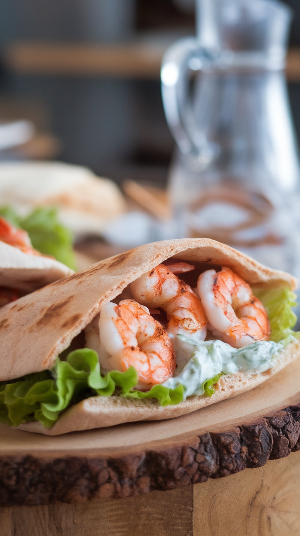 Whole wheat pita filled with grilled shrimp, lettuce, and tzatziki sauce on a wooden surface.