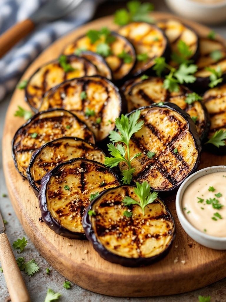 Grilled eggplant slices seasoned with zaatar on a wooden platter