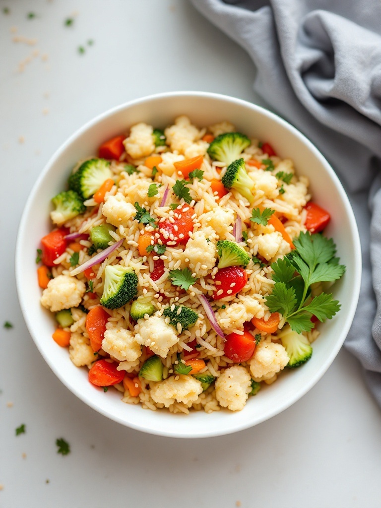 A bowl of zesty cauliflower rice stir-fry filled with colorful vegetables.