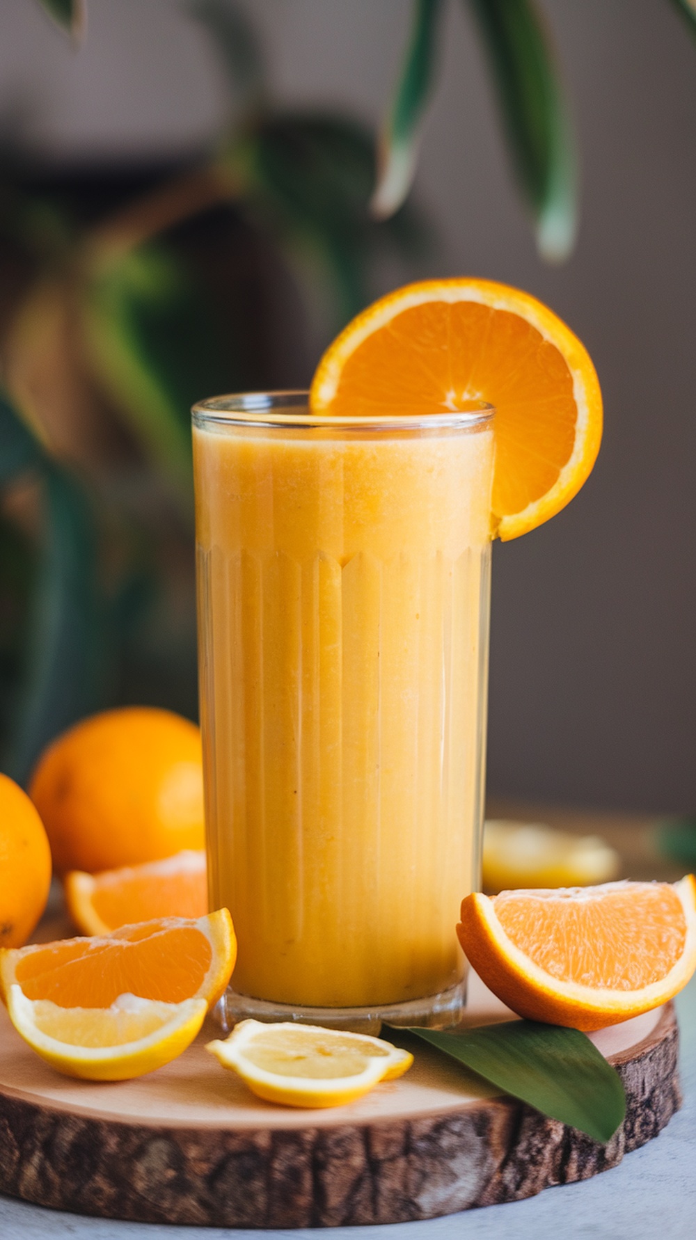 A refreshing orange smoothie in a tall glass with orange slices on the side.