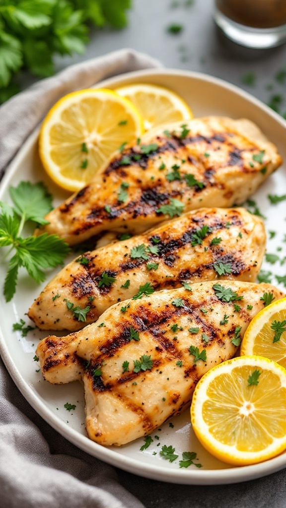 Plate of grilled chicken breasts garnished with lemon slices and herbs.