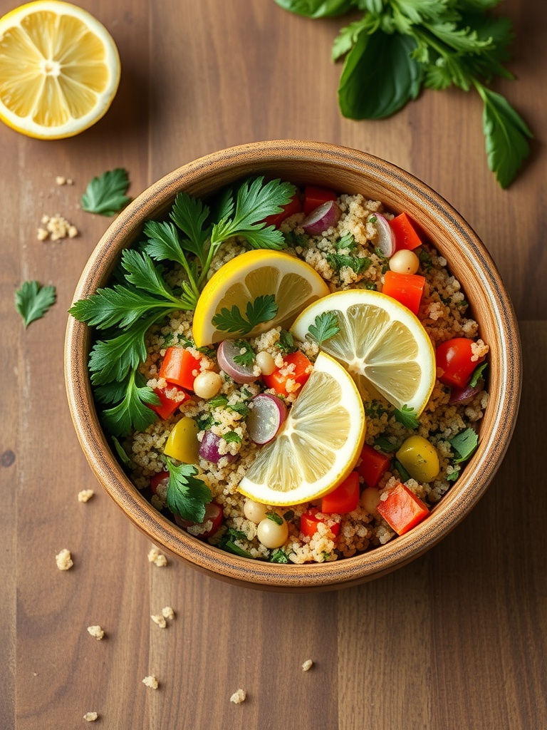 A bowl of quinoa salad with lemon slices and fresh herbs on a wooden table.