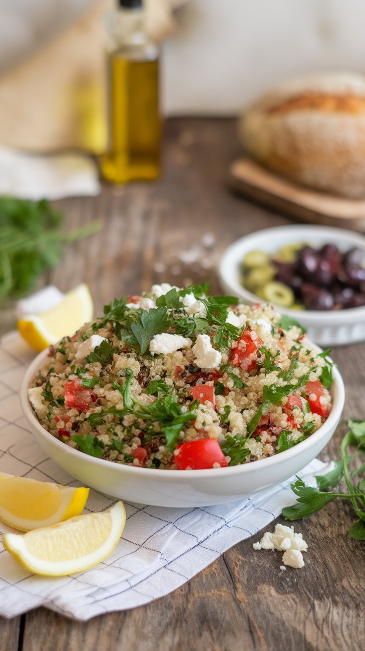 A bowl of Zesty Quinoa Tabbouleh Salad with fresh vegetables and herbs